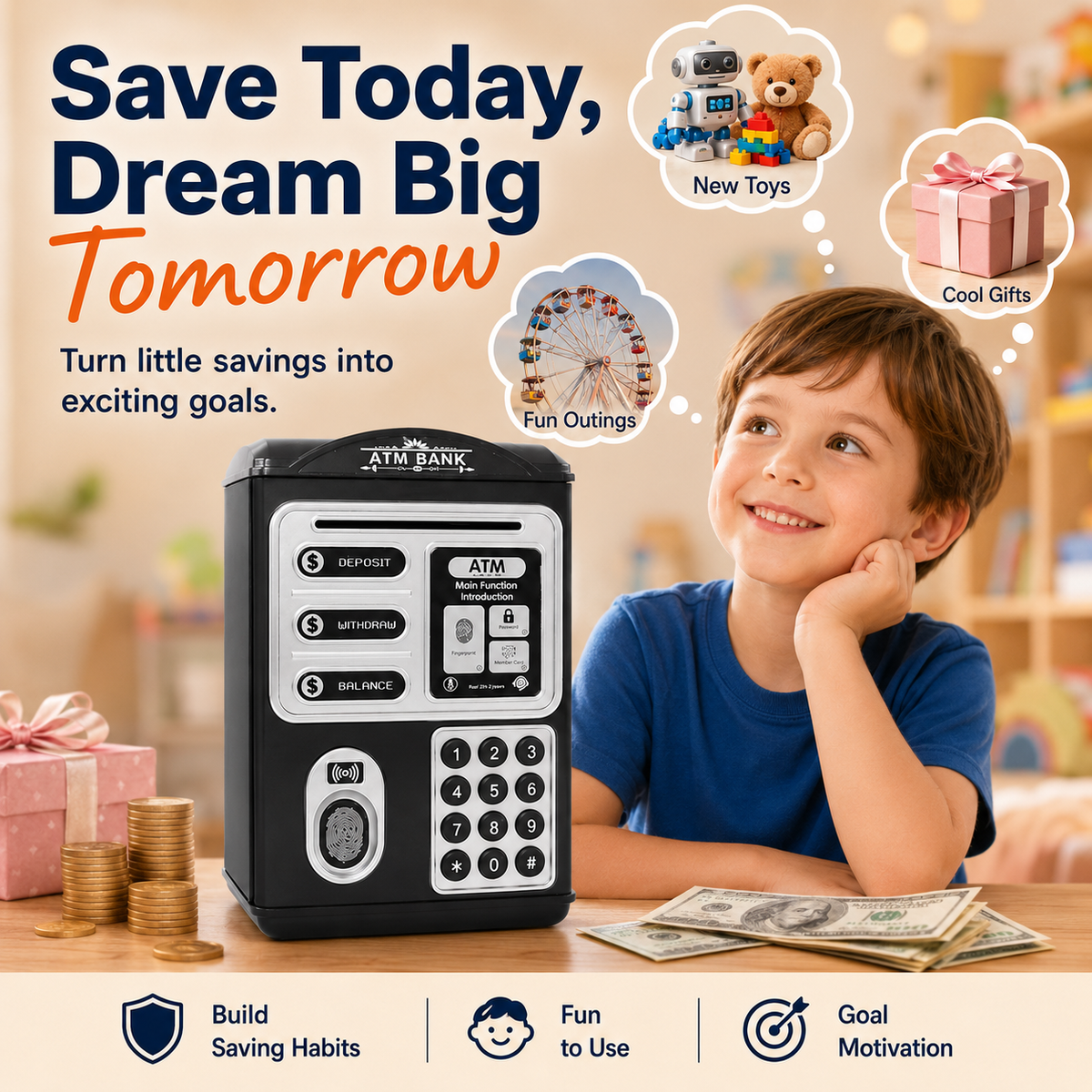 Piggy Bank for Kids, Mini ATM Coin Money Bank with Password and Fingerprint Simulation