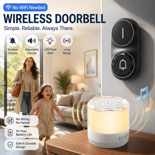 Wireless Doorbell with Adjustable Volume and Multi-channel LED Flash.