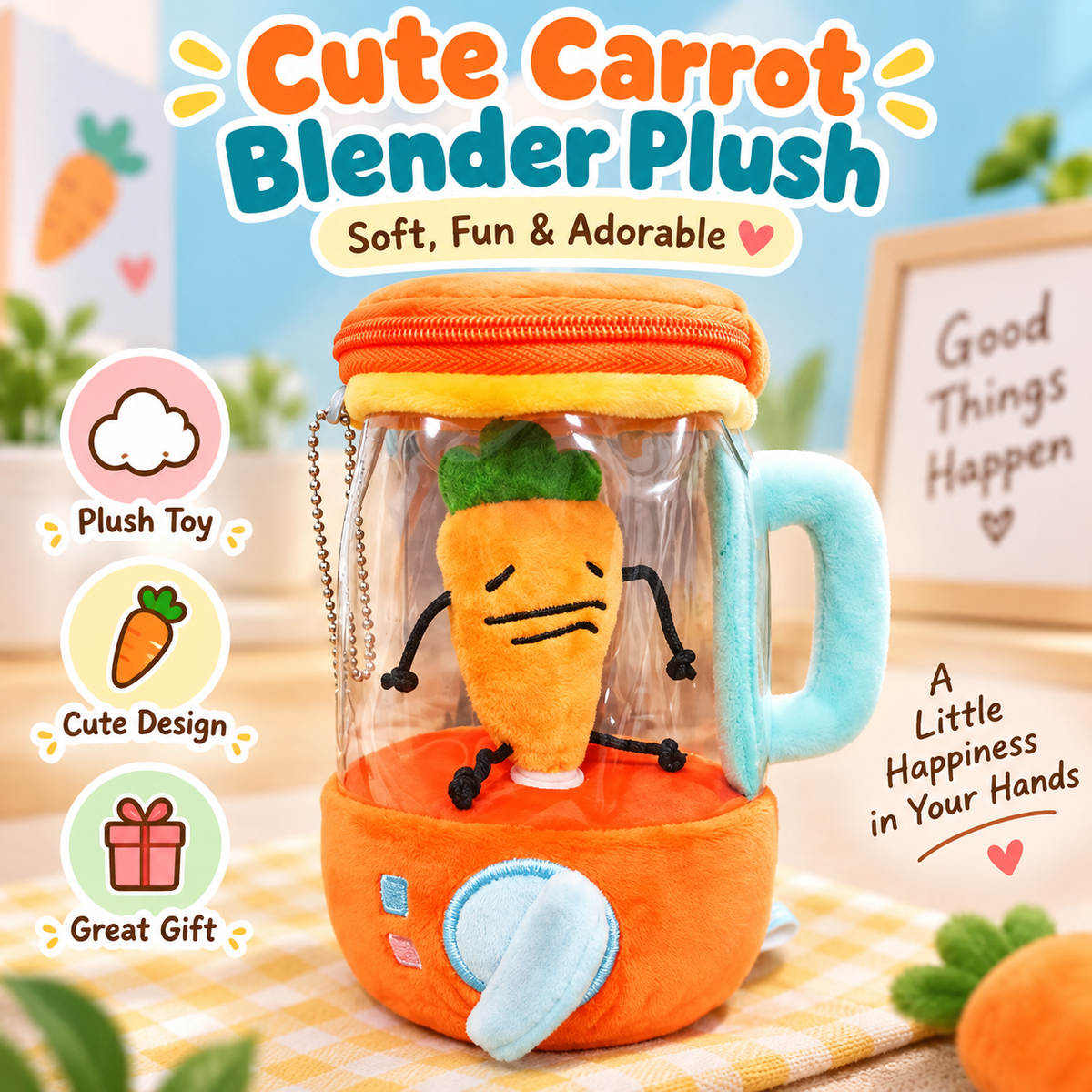 Cute Carrot Blender Plush – Zipper Storage Bag & Keychain