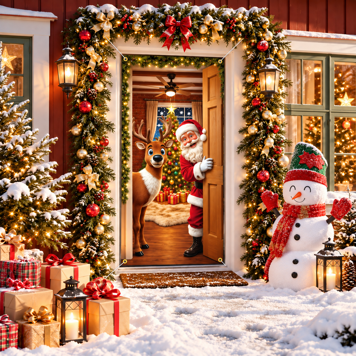 Christmas Decorations Door Cover 71x35 Inch Santa Claus Ladder Lights Door Banner Party Banner Front Door Porch Decor Photography Backdrop Home Kitchen Winter Entryway Decor