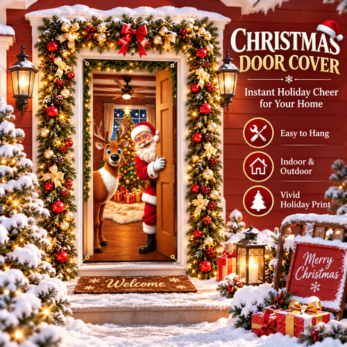 Christmas Decorations Door Cover 71x35 Inch Santa Claus Ladder Lights Door Banner Party Banner Front Door Porch Decor Photography Backdrop Home Kitchen Winter Entryway Decor