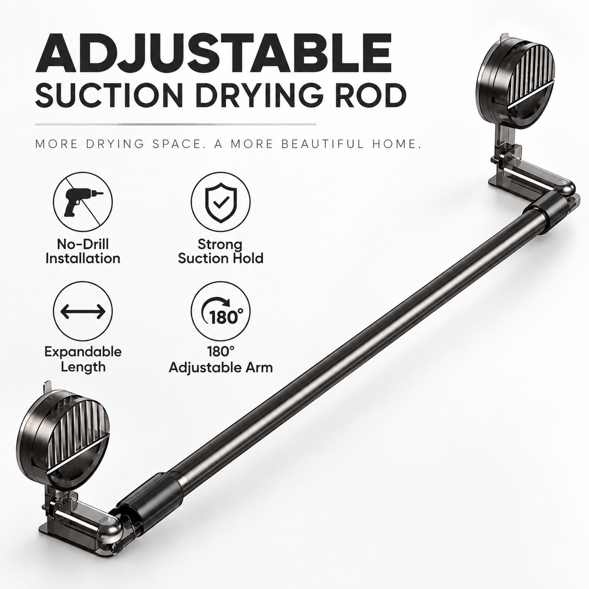 Adjustable Suction Cup Shower Curtain Rod, Drill, Non-Slip Tension Rod for Glass Doors, Easy Install Towel Rack & Holder Transparent Gray Black