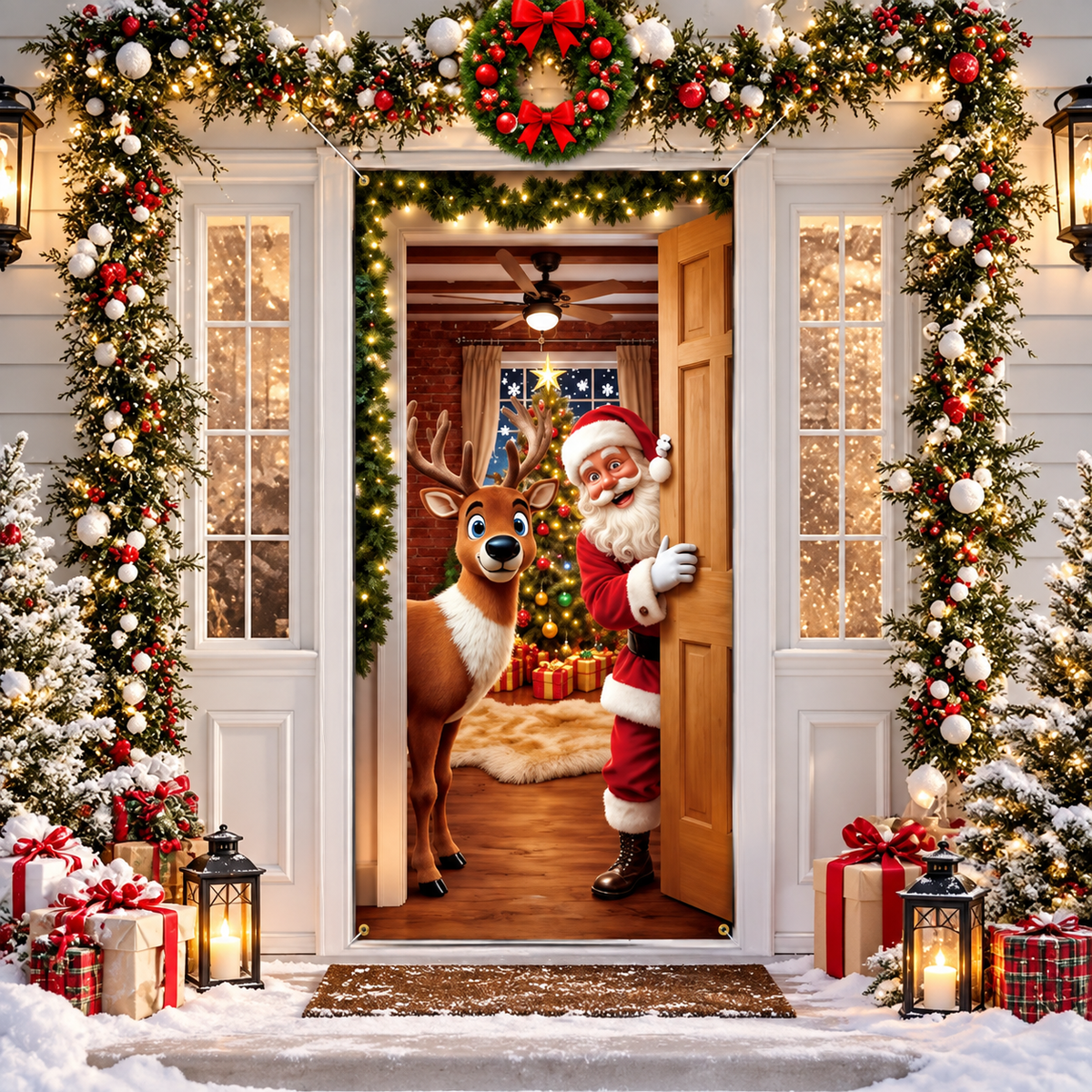 Christmas Decorations Door Cover 71x35 Inch Santa Claus Ladder Lights Door Banner Party Banner Front Door Porch Decor Photography Backdrop Home Kitchen Winter Entryway Decor