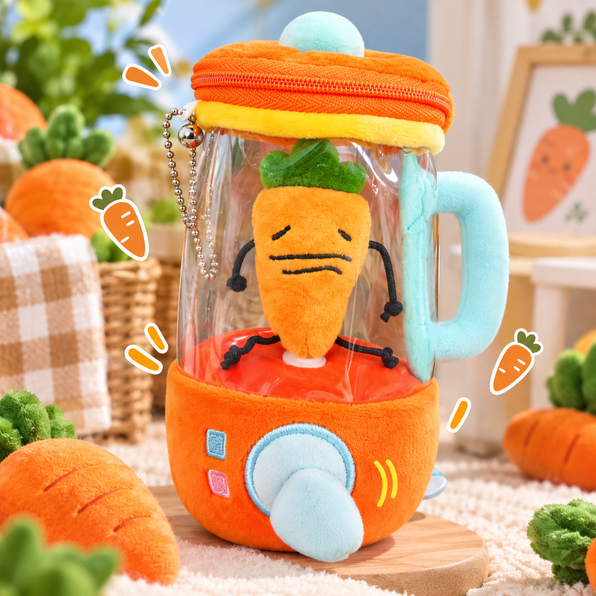 Cute Carrot Blender Plush – Zipper Storage Bag & Keychain