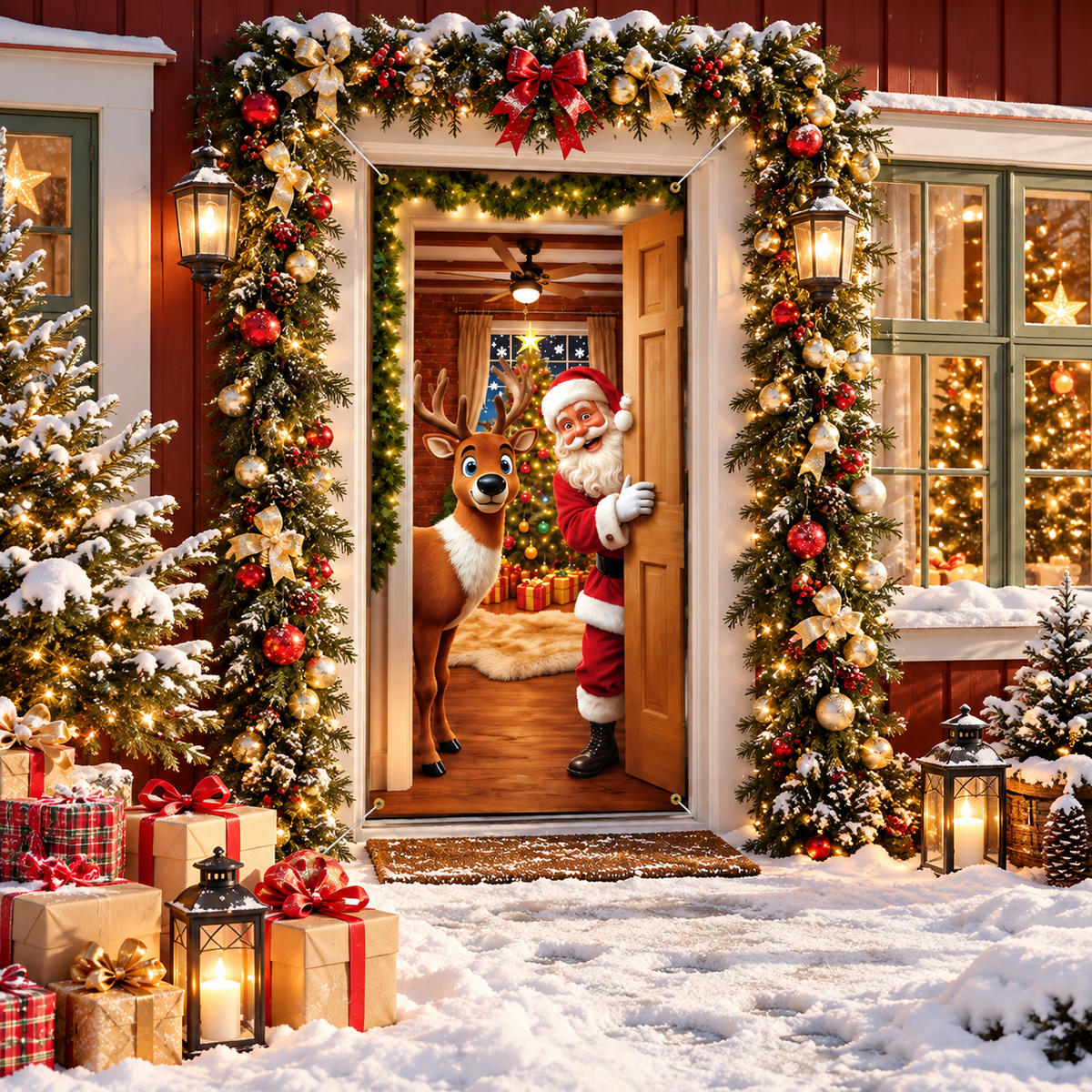 Christmas Decorations Door Cover 71x35 Inch Santa Claus Ladder Lights Door Banner Party Banner Front Door Porch Decor Photography Backdrop Home Kitchen Winter Entryway Decor