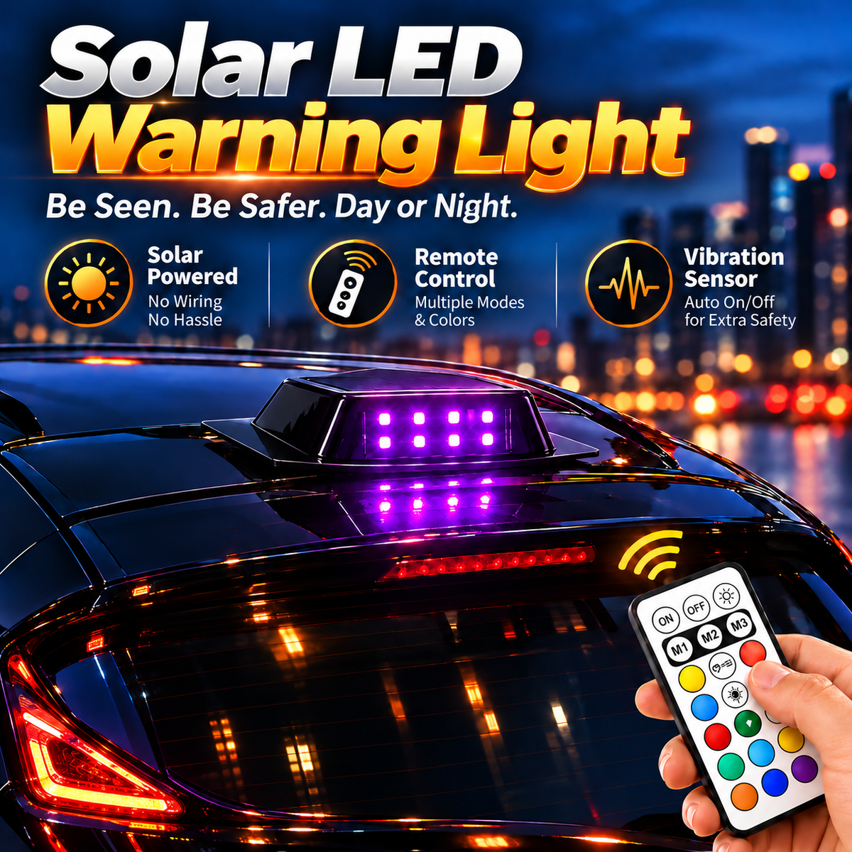 Solar LED Roof Warning Light for Cars with Remote Control