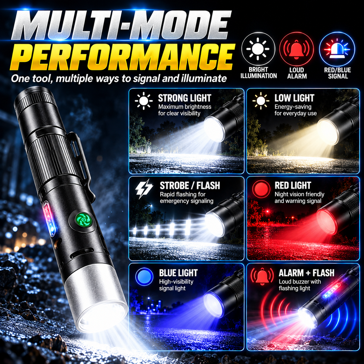 Multi‑Functional Portable Self Defense Flashlight – Rechargeable Electric Deterrent Device with High-Intensity LED & Built-In Alarm