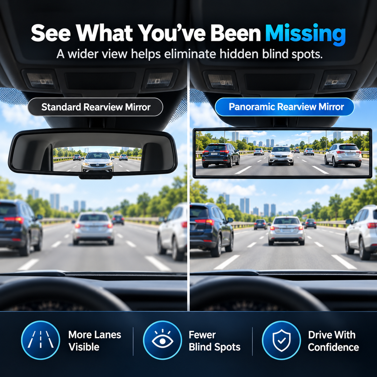 🚗 Panoramic Rearview Mirror · Eliminate Blind Spots Instantly
