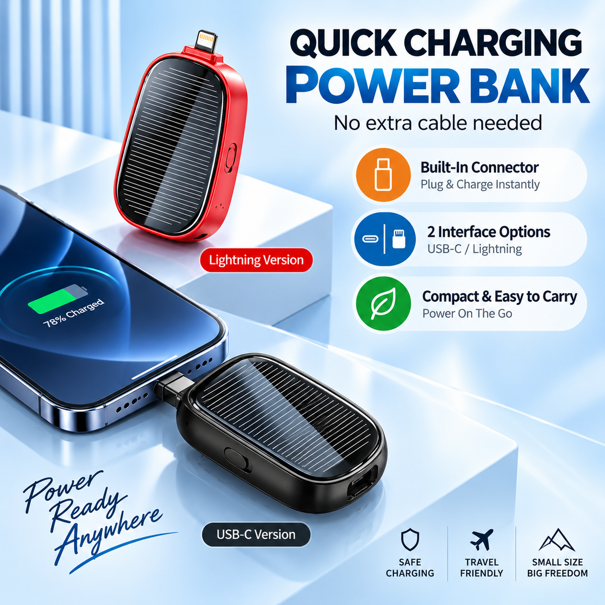 Mini Solar Keychain Power Bank - Portable Emergency Phone Charger