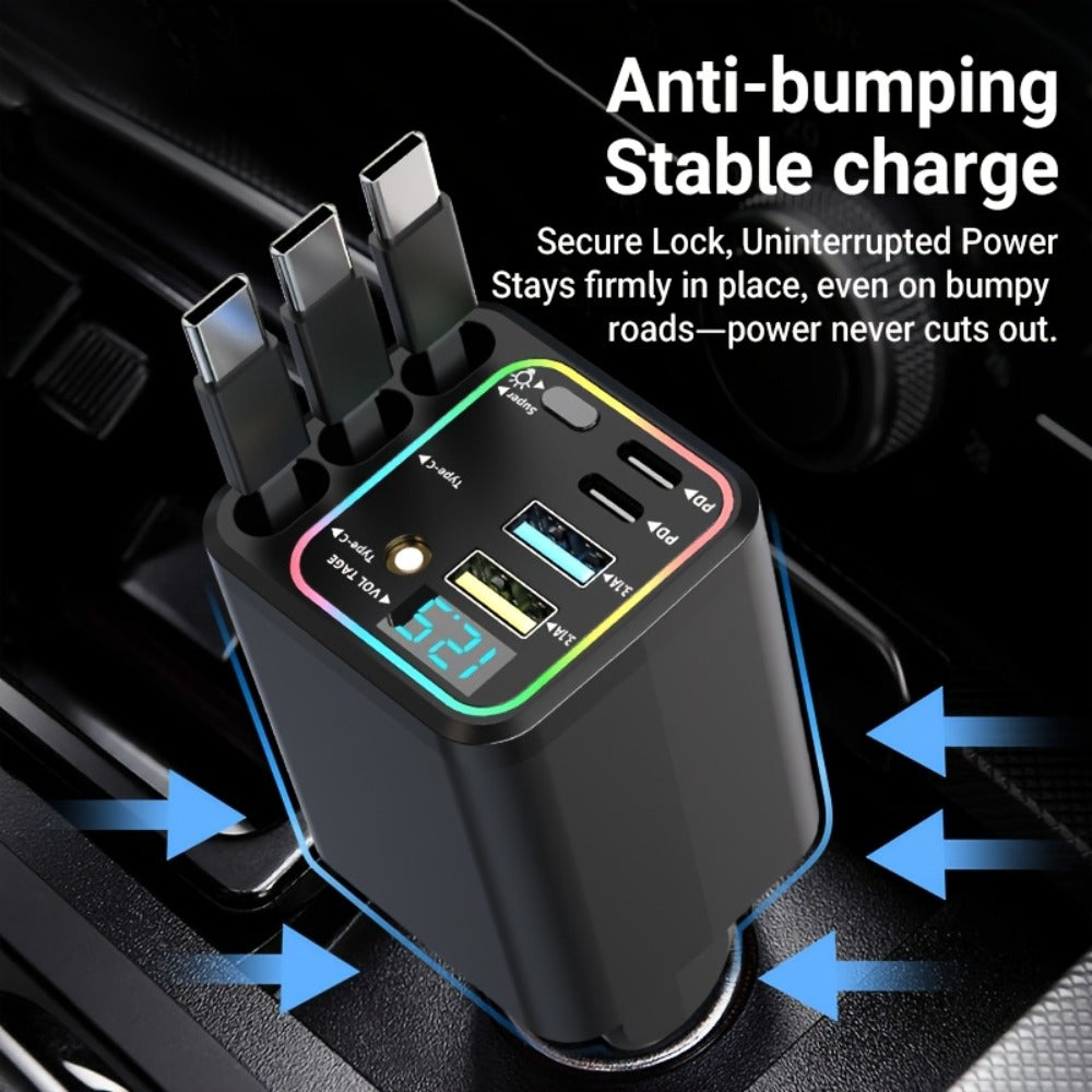 7-in-1 Car Charger Hub – 3 Retractable Cables & LED Display