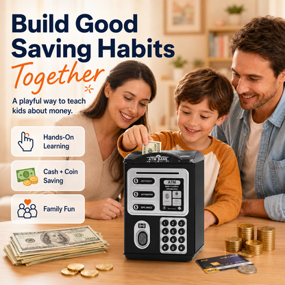 Piggy Bank for Kids, Mini ATM Coin Money Bank with Password and Fingerprint Simulation