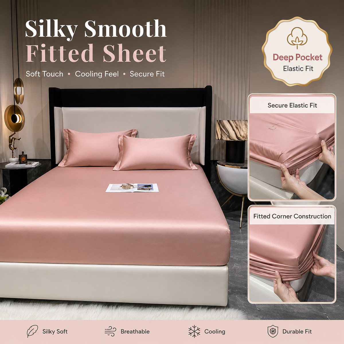 Classic Wrinkle-Resistant Solid Color Satin Bed Set - Luxury Silky Fitted Sheet, Flat Sheet