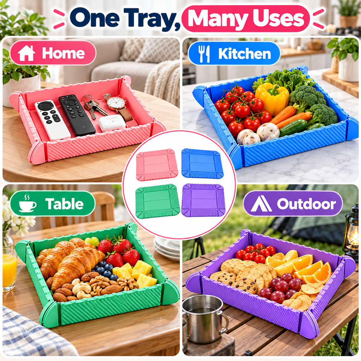 4-in-1 Foldable Silicone Tray – Food-Grade Magnetic Snack Container, Heat-Resistant Mat, Cutting Board & Organizer
