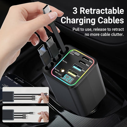 7-in-1 Car Charger Hub – 3 Retractable Cables & LED Display