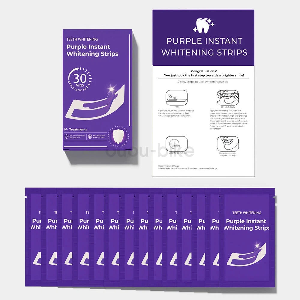 V34 Purple Instant Teeth Whitening Strips Color Correcting Stain Removal 14 Pcs