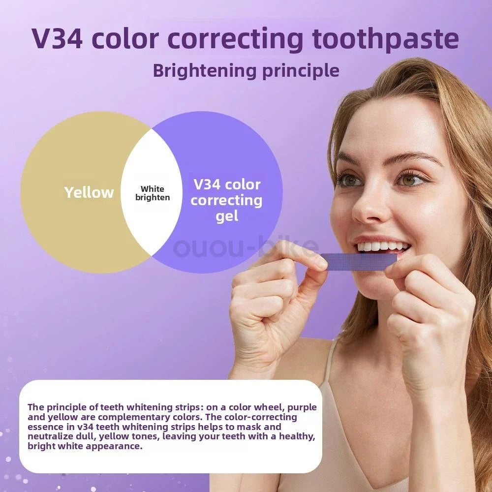 V34 Purple Instant Teeth Whitening Strips Color Correcting Stain Removal 14 Pcs