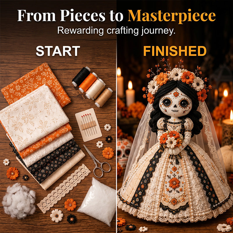 🎃Day of the Dead Patchwork Doll DIY Sewing Kit - Handmade Fabric Doll Craft Kit with Floral Details