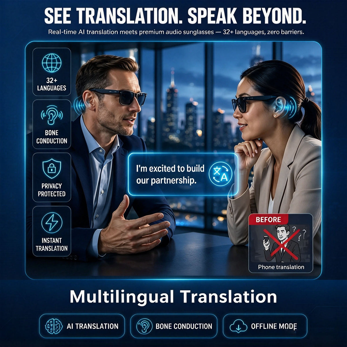 👓 AI Smart Translation Glasses – Real-Time Language Translation & Open-Ear Audio