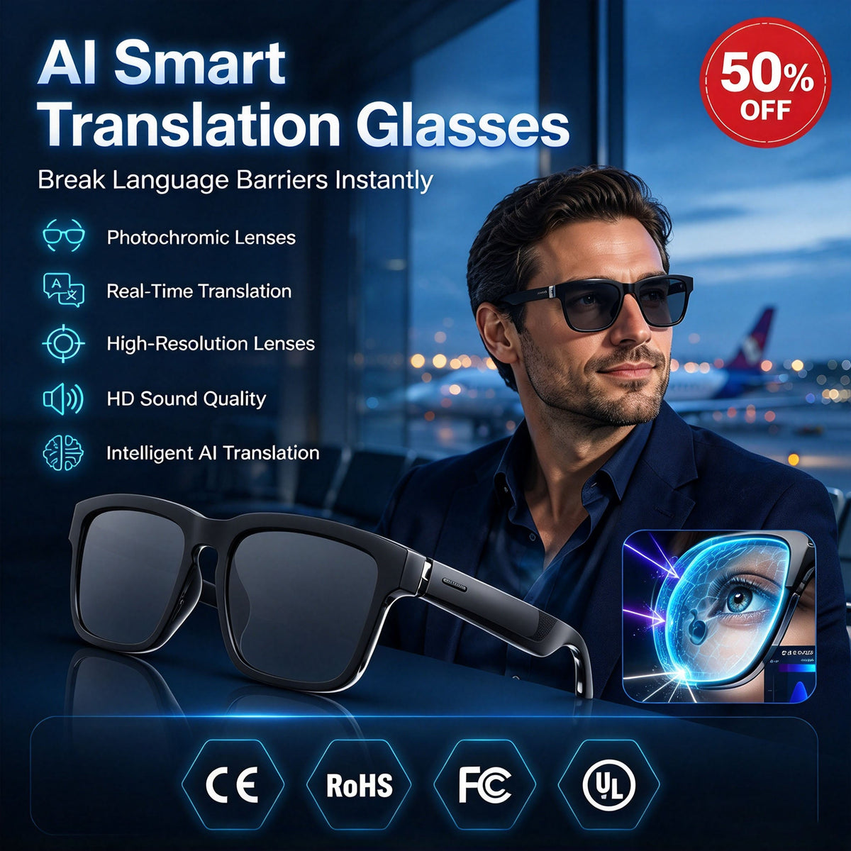 👓 AI Smart Translation Glasses – Real-Time Language Translation & Open-Ear Audio